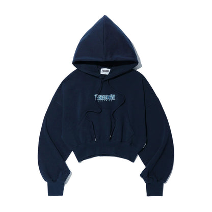 Women's Striped Small Logo Crop Hoodie (Navy)