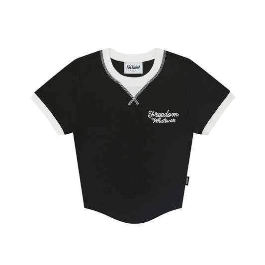 Women's Waffle Ringer Cropped T-Shirt (Black)
